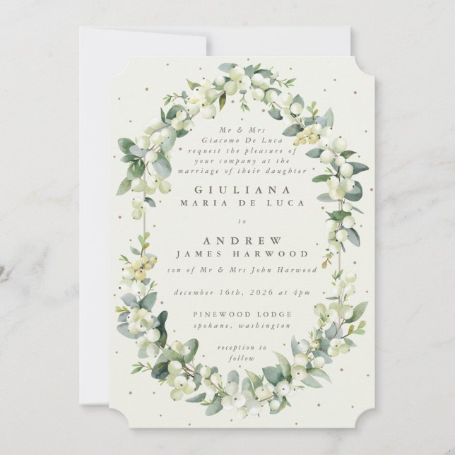 Formell Elegant Cream Snowberry+Eucalyptus Bröllop Inbjudningar (Framsida)