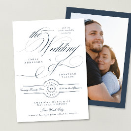 Formell Elegant Kalligraphy Navy Blue Photo Bröllo Inbjudningar
