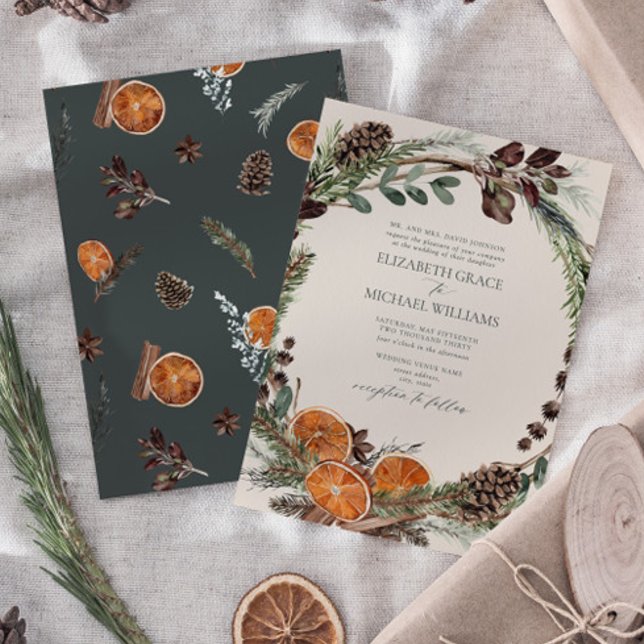 Formell Elegant Mörk Boho Citrus Greenery Bröllop Inbjudningar (Easily personalize this formal bohemian citrus invitation for the perfect fall or winter wedding)