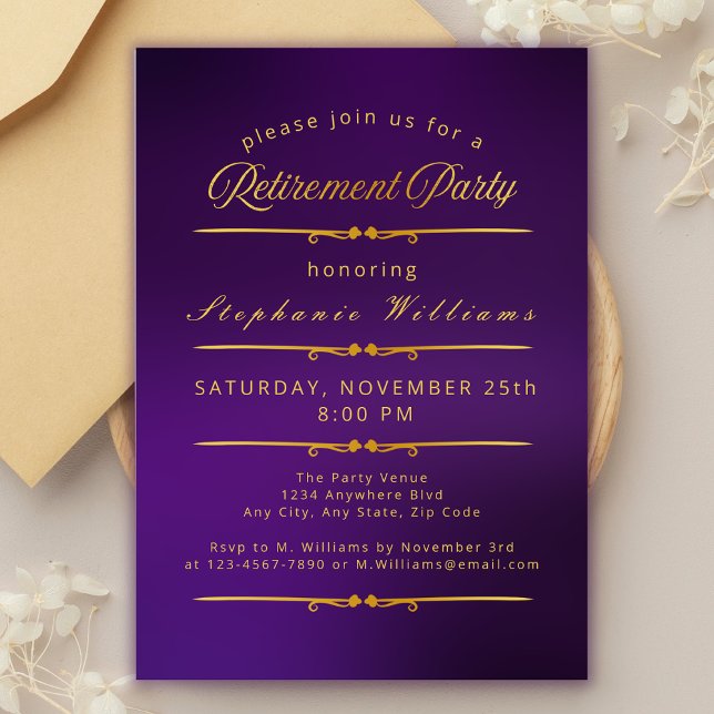 Formell Elegant Pension Lila Guld Party Inbjudningar (Skapare uppladdad)