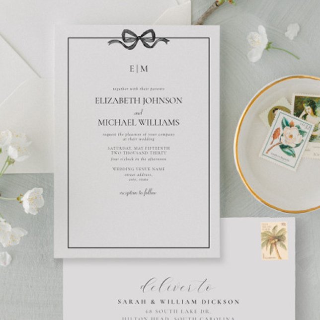 Formell Elegant, svart och vitt, monogram Inbjudningar (Elegant Union: Join Us in Celebrating Love and Commitment)