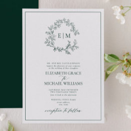 Formell Emerald Grönt Leafy Vapensköld Monogram Br Inbjudningar