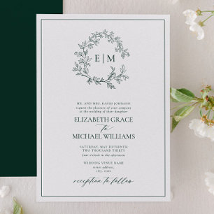 Formell Emerald Grönt Leafy Vapensköld Monogram Br Inbjudningar