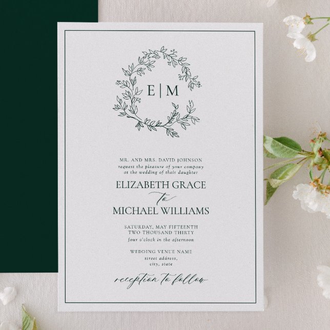 Formell Emerald Grönt Leafy Vapensköld Monogram Br Inbjudningar (Skapare uppladdad)