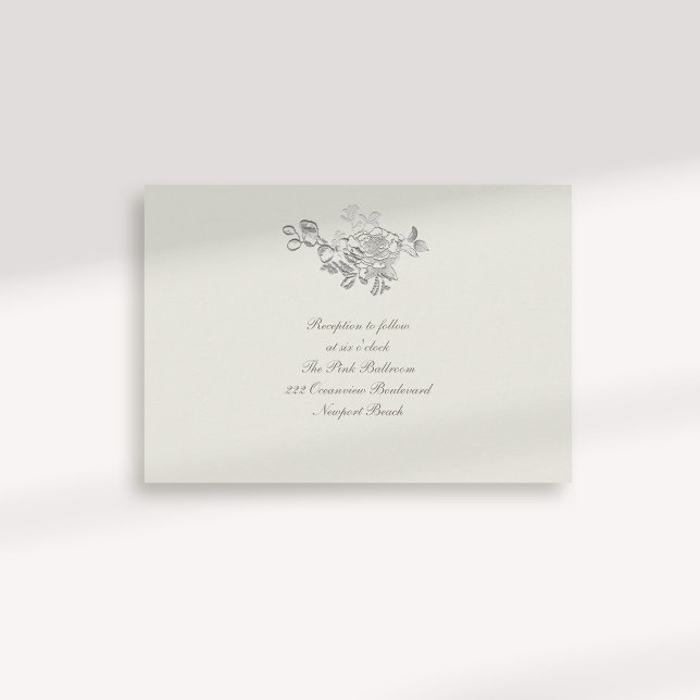 Formell Faux Embossed Peony Ecru Reception Bröllop Tilläggskort (formal traditional elegant calligraphy wedding reception card faux embossed peony ecru classic)
