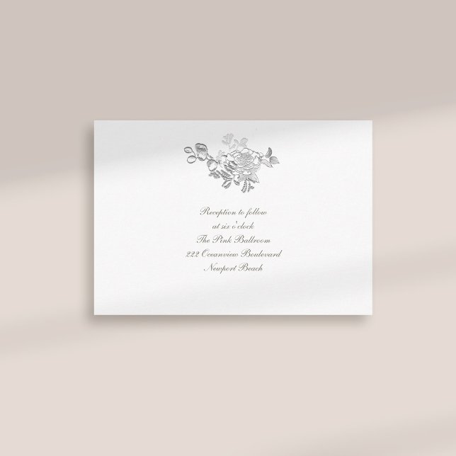 Formell Faux Embossed Peony Ivory Reception Bröllo Tilläggskort (formal traditional elegant calligraphy wedding reception card faux embossed peony ivory classic)