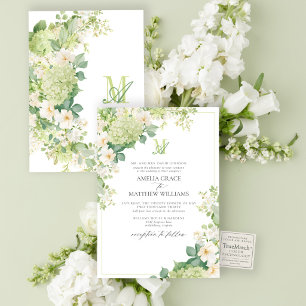 Formell grön Hydrangea Blommig Monogram Bröllop Inbjudningar