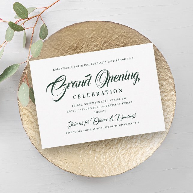 Formell Grönt för storöppning och vit Inbjudningar (Formal Corporate Grand Opening Green & White Invitation)
