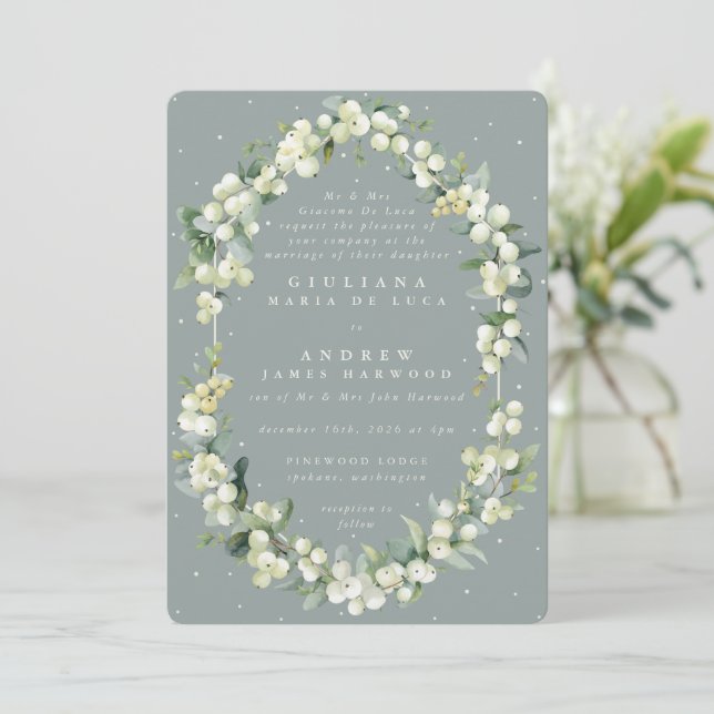 Formell Grönt Snowberry+Eucalyptus Winter Wedding Inbjudningar (Stående Fram)