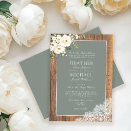 Formell Grönt Vit Blommigt Wood Script Bröllop Inbjudningar
