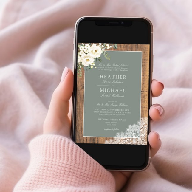 Formell Grönt Vit Blommigt Wood Script Bröllop Inbjudningar (Skapare uppladdad)