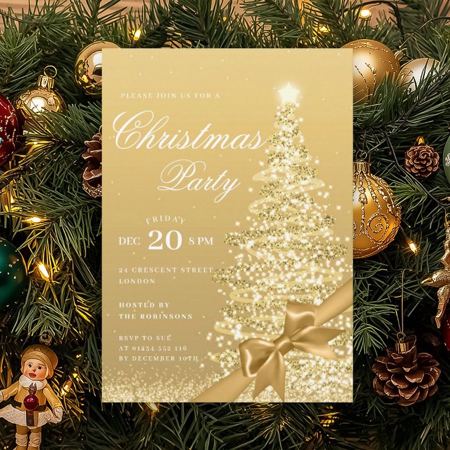 Formell guld vinter julgran slinga högtid  inbjudningar (Formal Gold Winter Christmas Tree Bow Holiday Invitation)