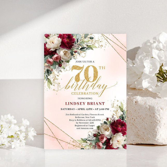 Formell guldblommig sjuttioårsfödelsedagsinbjudan inbjudningar (Formal Gold Floral Seventieth Birthday Invitation)
