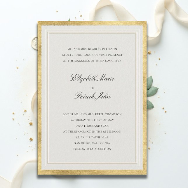 Formell gyllene ecru modern klassisk elegant bröll inbjudningar (formal traditional wedding invitation modern classic double frame ballroom gold ecru black white)