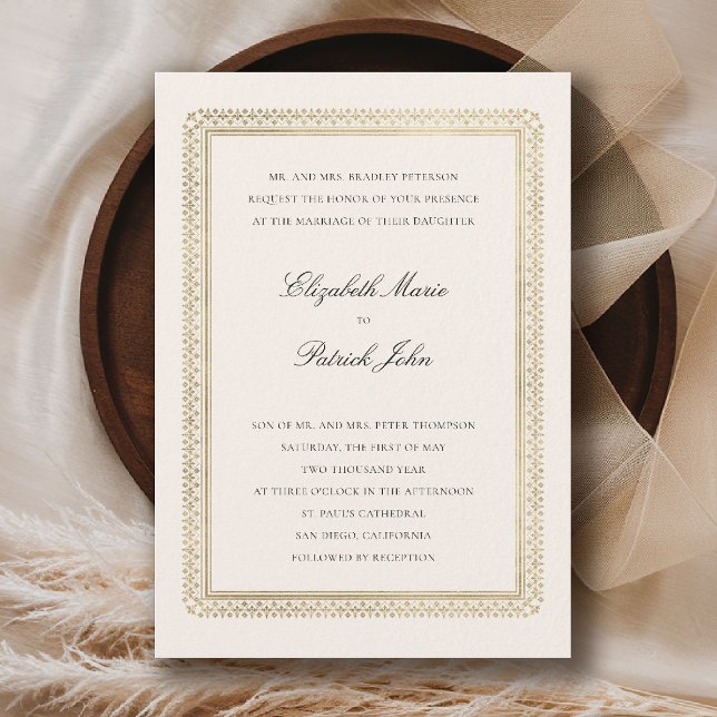 Formell gyllene lys ecru modern klassisk bröllop inbjudningar (formal traditional wedding invitation modern classic gold ecru deco ballroom black tie)