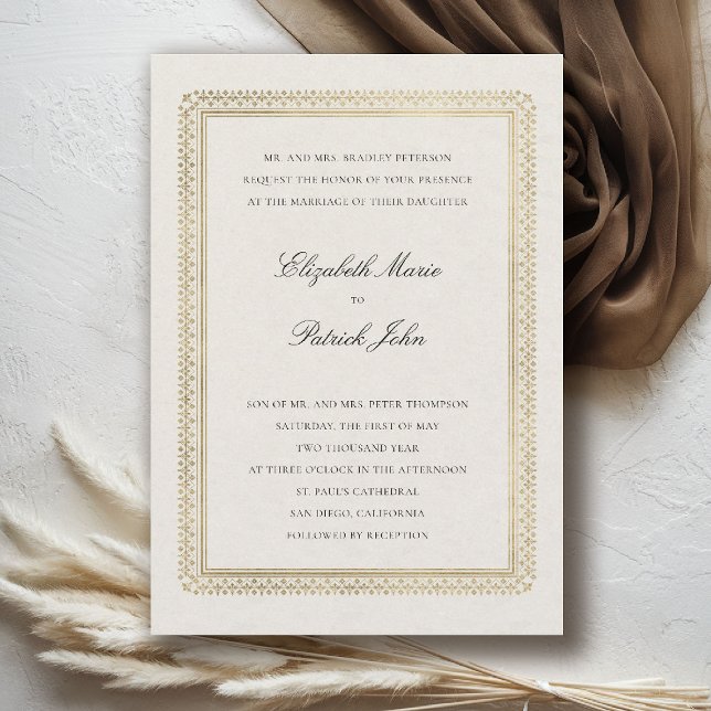 Formell gyllene Lys Linne Modern Klassisk Bröllop Inbjudningar (formal traditional wedding invitation modern classic gold linen deco ballroom black tie)