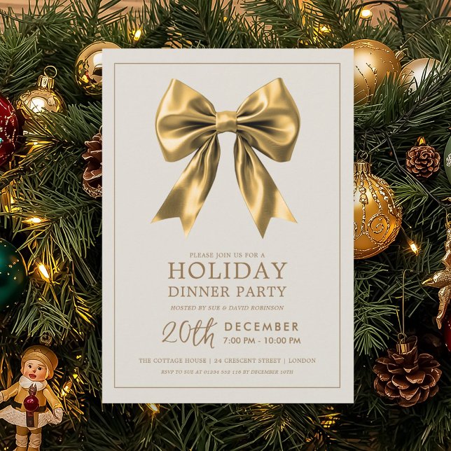 Formell Högtidsmiddag Guld Satinband Inbjudningar (Formal Holiday Dinner Party Gold Satin Bow Invitation)