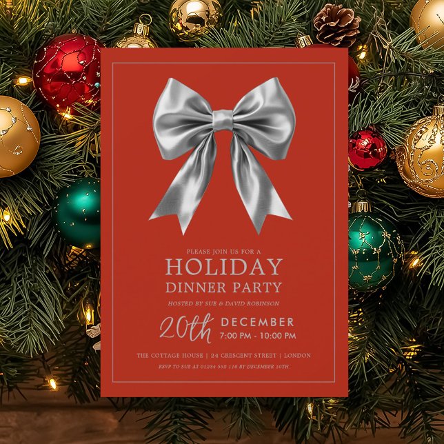 Formell Högtidsmiddag Julfest Silver Satinband Röt Inbjudningar (Formal Holiday Dinner Party Silver Satin Bow Red Invitation)
