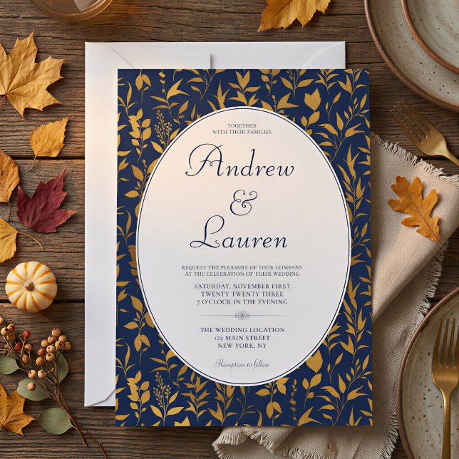 Formell höstblomma Blå Guld Oval Bröllop Inbjudningar (Formal Fall Floral Blue Gold Oval Wedding Invitation
)