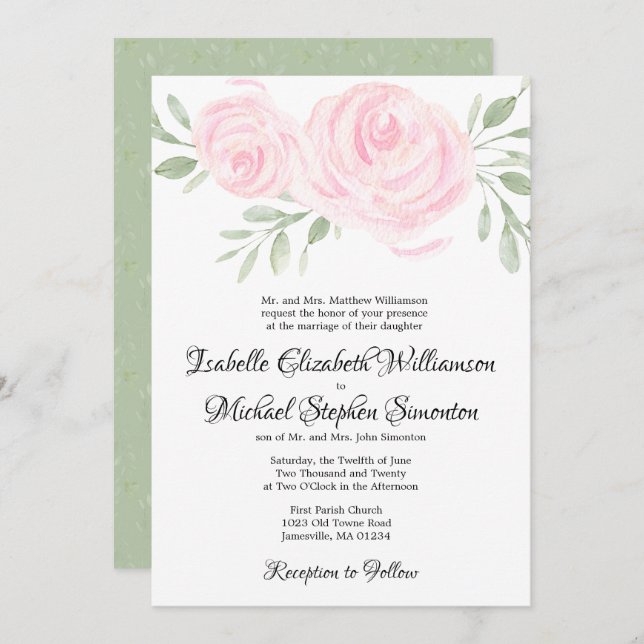 Formell inbjudan till Blommigt av vattenfärg Rosa  (Fram/baksida)