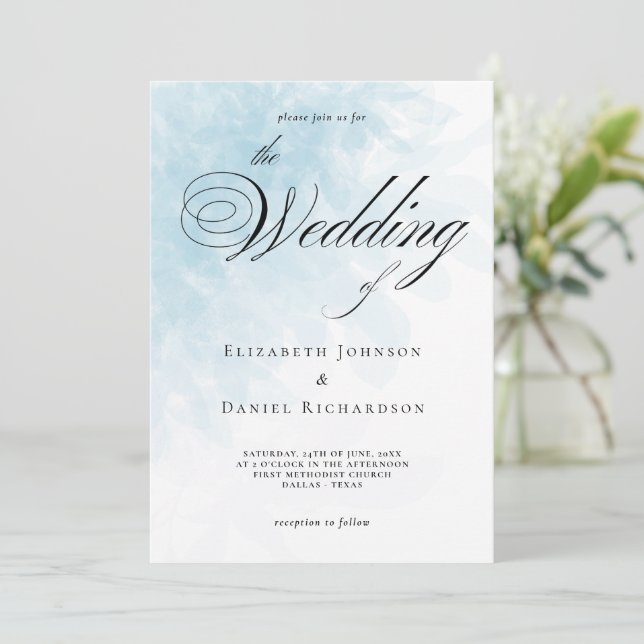 Formell inbjudan till Cyan Blue Watercolor Wedding (Stående Fram)