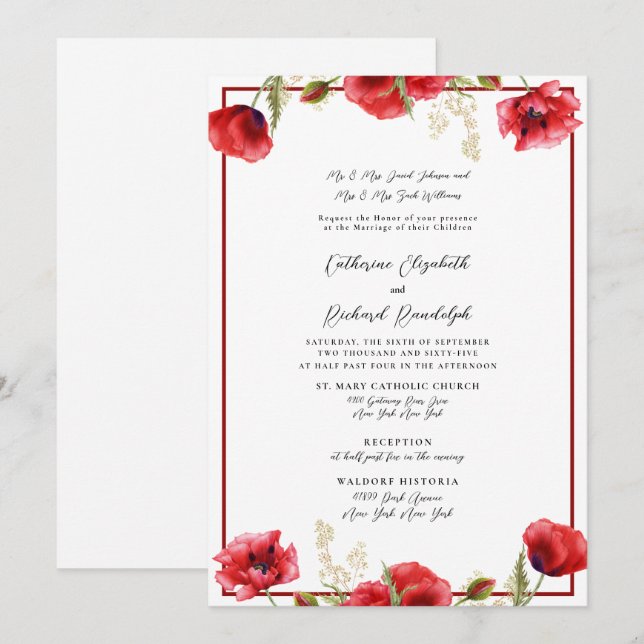 Formell inbjudan till Red Blommigt Red & White Wed (Fram/baksida)