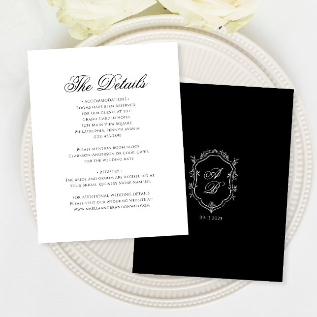 Formell information om svartvita monogram-bröllop tilläggskort (Skapare uppladdad)