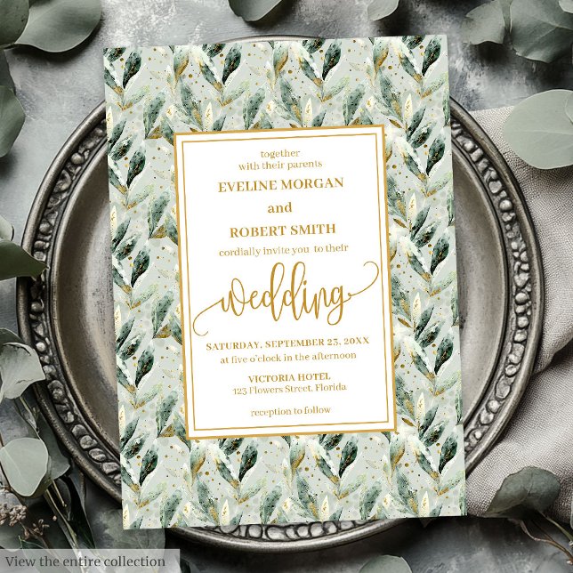 Formell jägare Grönt Guld-bröllopsinbjudan Inbjudningar (Formal Hunter Green Gold Foliage Wedding Invitation)