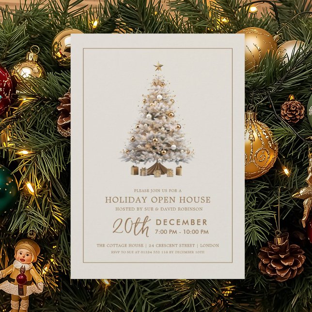 Formell julfirande öppen hus julgran i guld inbjudningar (Formal Christmas Holiday Open House Gold Tree Invitation)