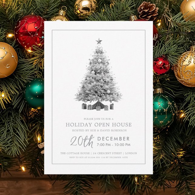 Formell julfirande öppen hus silverträd inbjudningar (Formal Christmas Holiday Open House Silver Tree Invitation)