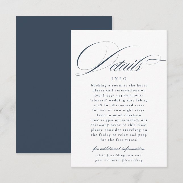 Formell kalligrafi Navy Blue Vit Bröllopsinformati Tilläggskort (Fram/baksida)
