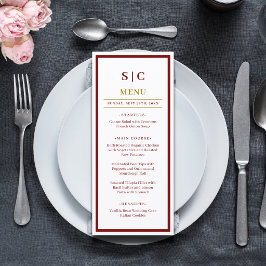 Formell Klassisk Burgunder & Guld Monogram Bröllop Meny