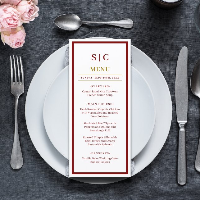 Formell Klassisk Burgunder & Guld Monogram Bröllop Meny (Burgundy and gold monogram wedding menu adds elegant charm to your formal table setting.)