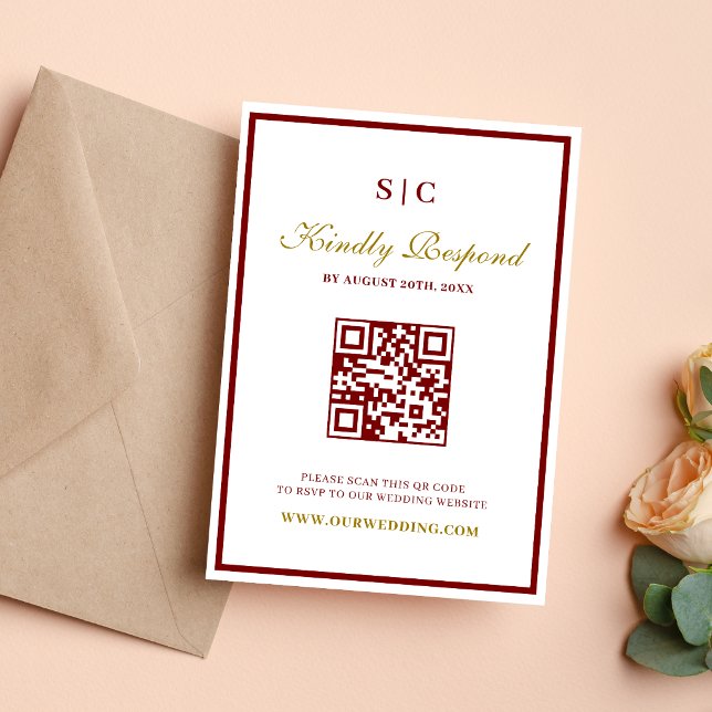 Formell klassisk burgunder och guld monogram bröll OSA kort (Burgundy and gold monogram RSVP card keeps responses elegant, organized, and personalized.)