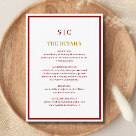 Formell klassisk burgunder och guld monogram bröll tilläggskort