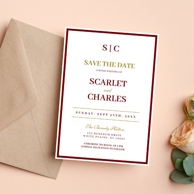 Formell klassisk burgunder och guldmonogram-högtid spara datumet (Burgundy and gold monogram save the date builds excitement with a refined, personal touch.)