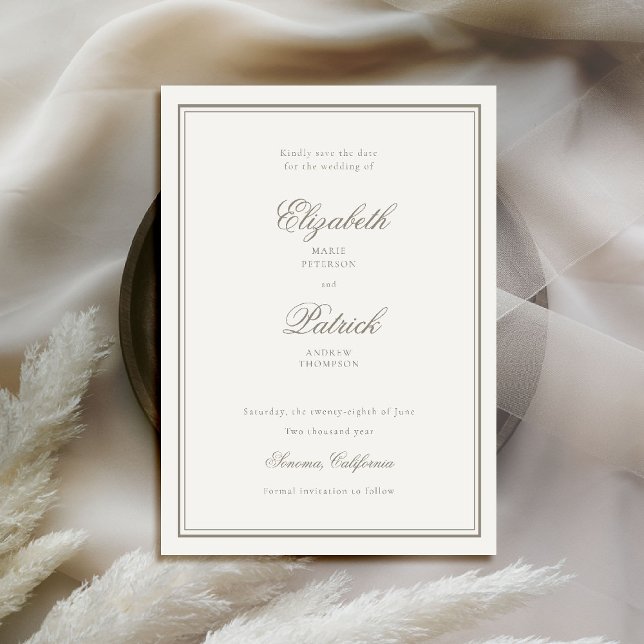 Formell klassisk Dubbla Ram känslig Ecru Bröllop Spara Datumet (classic wedding save the date card elegant double frame formal traditional ecru black tie)