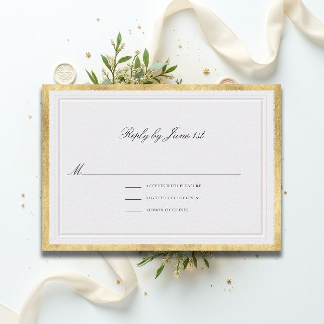 Formell Klassisk Elegant Guld Pärla Sm Bröllop OSA Kort (formal traditional wedding RSVP response modern classic double frame gold ballroom black tie pearl)