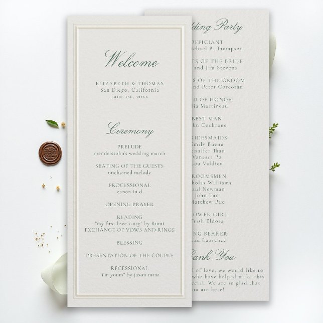 Formell Klassisk Grön Ecru Ram Bröllopsprogram (modern classic wedding program forest green type double frame formal traditional stately ecru)