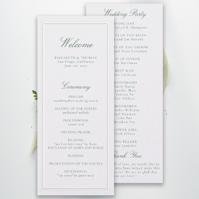 Formell klassisk grön pärlram bröllopsprogram (modern classic wedding program forest green type double frame formal traditional stately pearl)