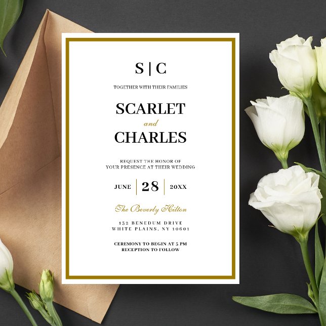 Formell Klassisk Svart Guld Monogram Bröllop Inbjudningar (Formal black and gold monogram wedding invitation adds a timeless, elegant first impression.)