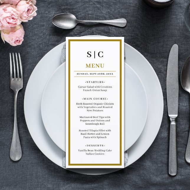 Formell Klassisk Svart Guld Monogram Bröllop Meny (Formal black and gold monogram wedding menu adds a refined, elegant touch to reception tables.)