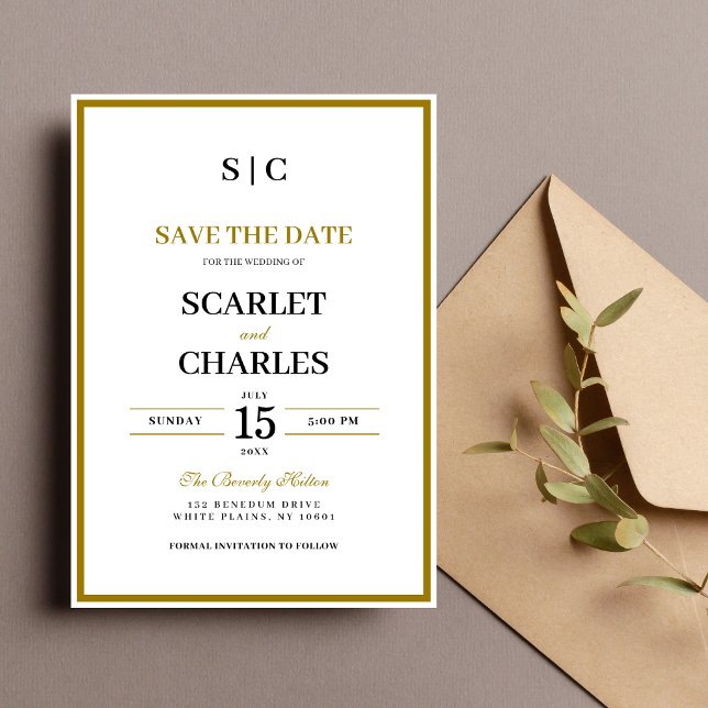 Formell Klassisk Svart Guld Monogram Bröllop Spara Datumet (Formal black and gold monogram save the date card sets a timeless tone for your wedding.)