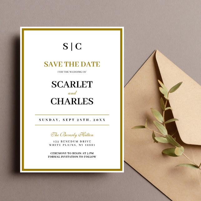 Formell Klassisk Svart Guld Monogram Bröllop Spara Datumet (Formal black and gold monogram save the date sets an elegant tone for your wedding.)