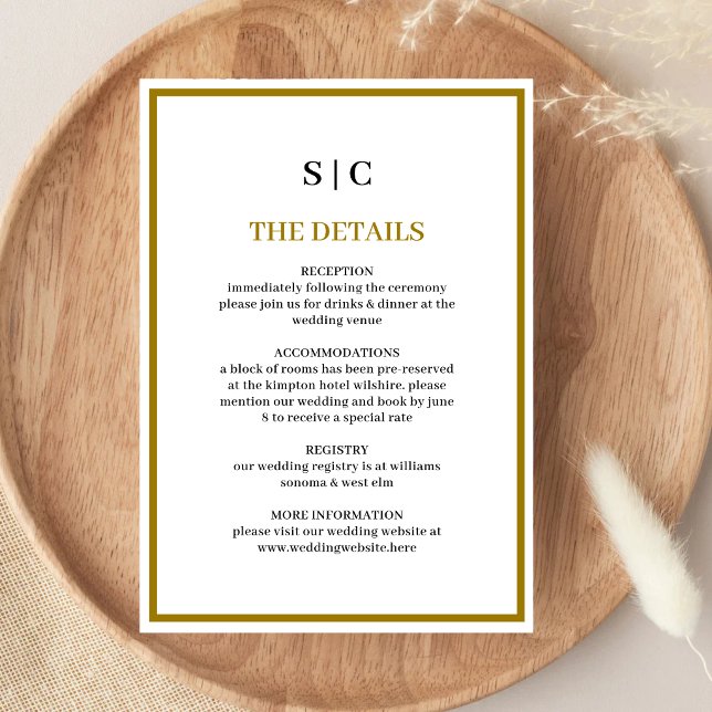 Formell Klassisk Svart Guld Monogram Bröllop Tilläggskort (Formal black and gold monogram enclosure card adds timeless elegance to wedding details.)