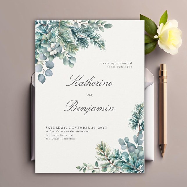 Formell klassisk vinter-botaniker Elegant bröllop Inbjudningar (winter botanical elegant wedding invitation formal traditional modern classic simple foliage frame)