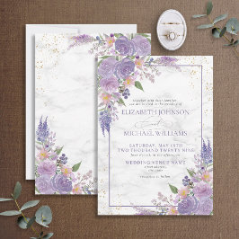 Formell Lavender Lilac Marble Guld Blommigt Bröllo Inbjudningar