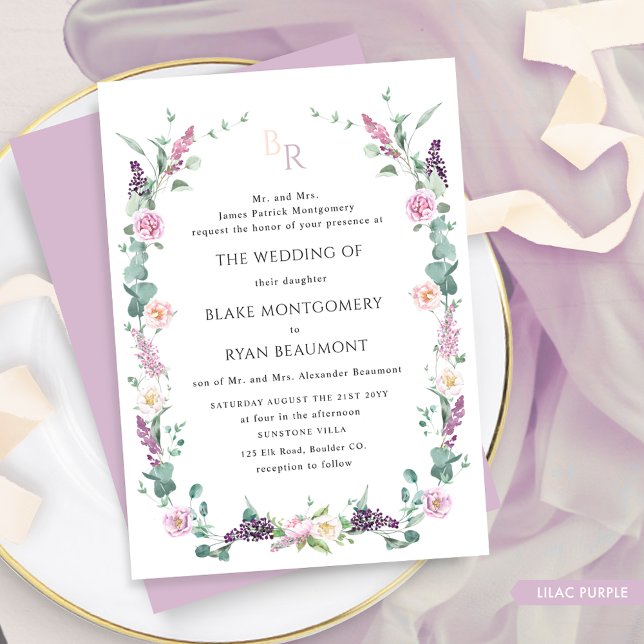 Formell Lilac Lila Pastel Blommigt Monogram Bröllo Inbjudningar (Skapare uppladdad)
