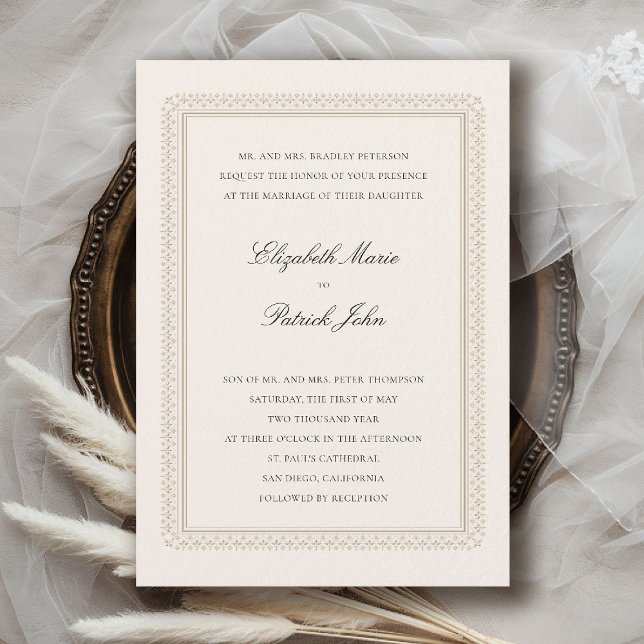 Formell Lys Ecru Modern Klassisk Elegant Bröllop Inbjudningar (formal traditional wedding invitation modern classic double frame deco ballroom black tie ecru)
