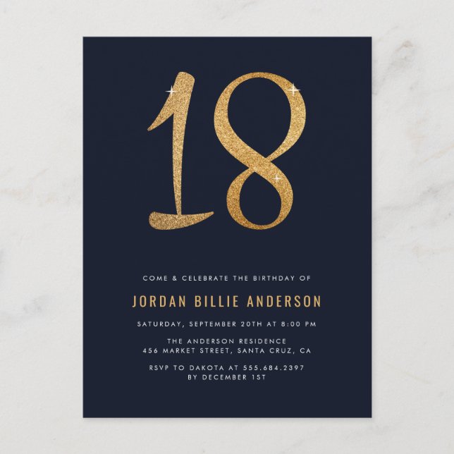 Formell marin och Guld 18:e Födelsedagsfest inbjud Inbjudan Vykort (Framsida)